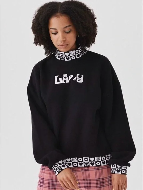 Lazy Oaf Black Sweatshirt Hearts Monochrome Mockneck y2k Women’s Small Medium