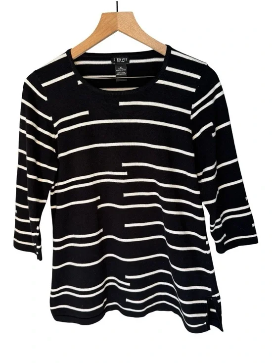 J’ENVIE New York Black Broken Stripe Pima Cotton Long Sleeve Tunic Sweater Sz M