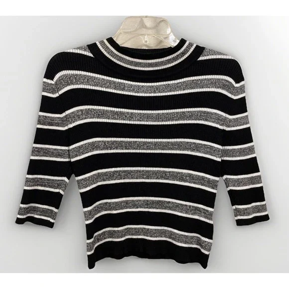 The Slope 3/4 Sleeve Black‎ Striped Cropped Pullover Sweater Women's Size Large