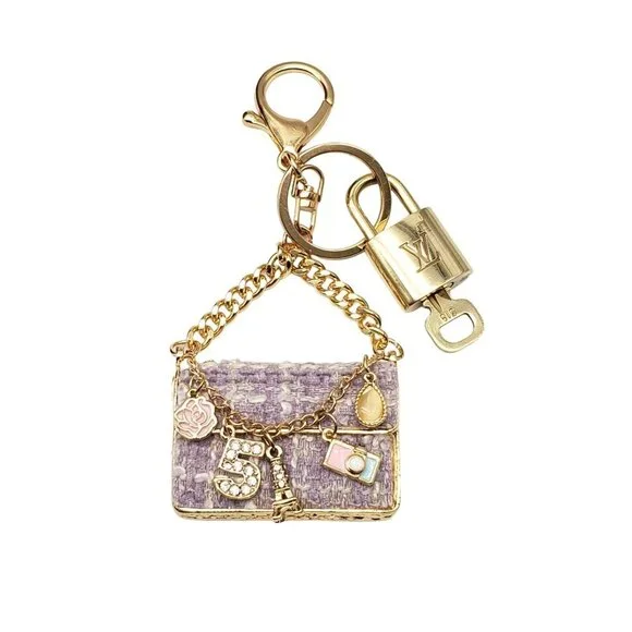 LV Authentic Gold Lock & Key 🔑 Luxury Bag Charm w/ Unbranded Tweed Bag Keychain