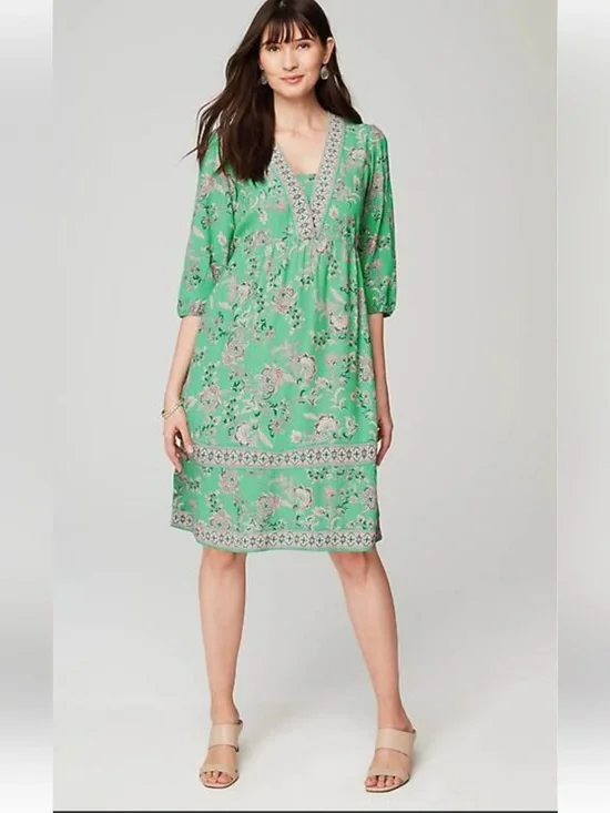 NWT J. Jill Border-Printed Flounced-Hem Green and Pink Floral Dress - XLP