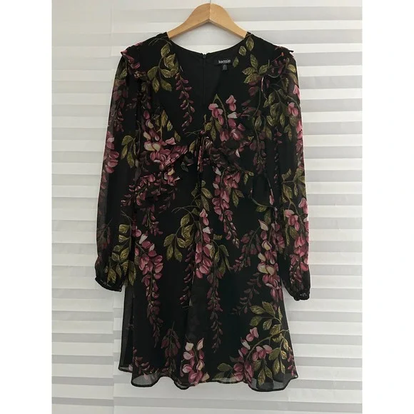 Kensie Floral Chiffon Mini Dress Whimsical Ruffle Long Sheer Sleeve 4 Cottage