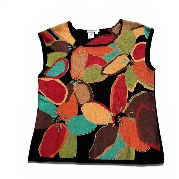 Coldwater Creek Black and Red Floral Patterned Women’s Sleeveless Sweater - L