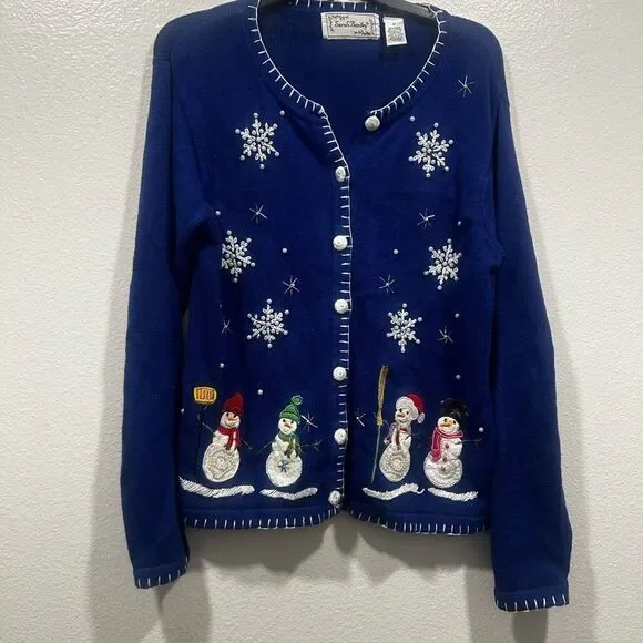 Blue Christmas embroidered Snowman Cardigan