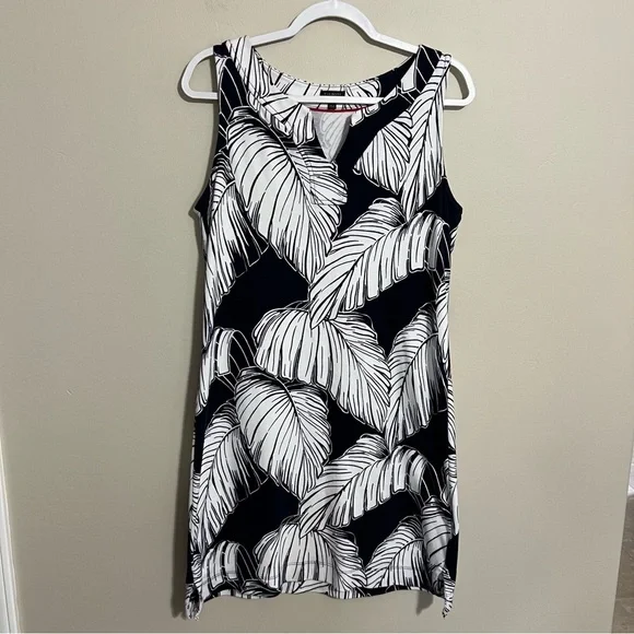Talbots Sleeveless V-neck Palm Leaf Print Shift Dress Navy Blue White size MP