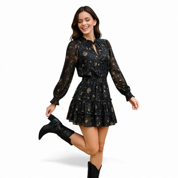 Current‎ Air Black Gold Silver Star  Smocked Metallic Mini Dress sz L
