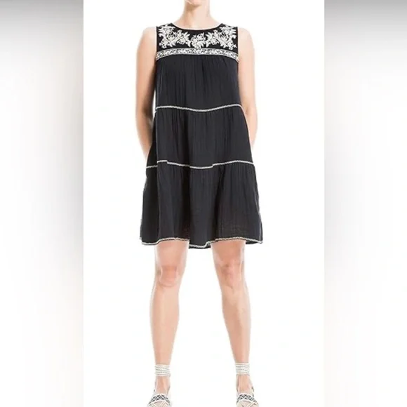 Max Studio Black Sleeveless Floral Embroidered Cotton Dress Size S