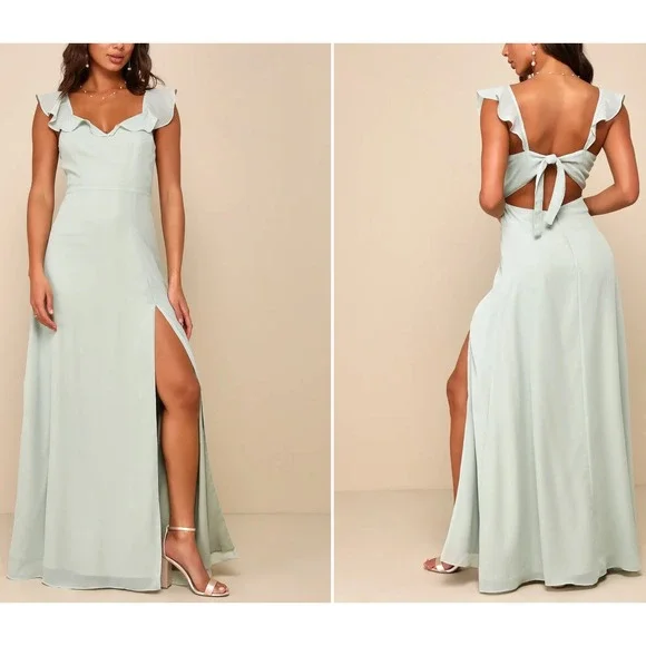 NWT Lulus Sweetest Entrance Sage Green Ruffled‎ Tie-Back Maxi Dress Sz S