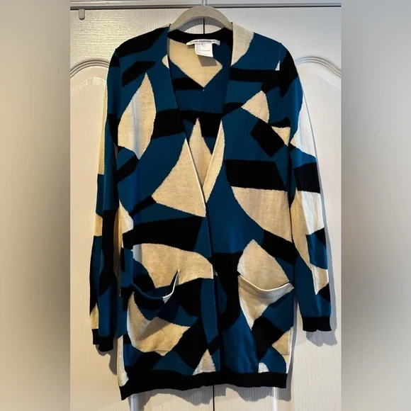 Diane Von Furstenberg Blue, Black and Cream Wool Abstract Cardigan - Size S?