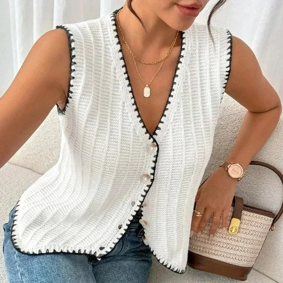 Beige Casual Women's Color Block Edging Vest Style Sweater