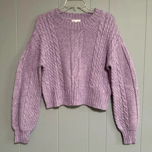 GB Cable Knit Long Sleeve Cropped Sweater Lavender Light Violet Purple Sz L Jrs