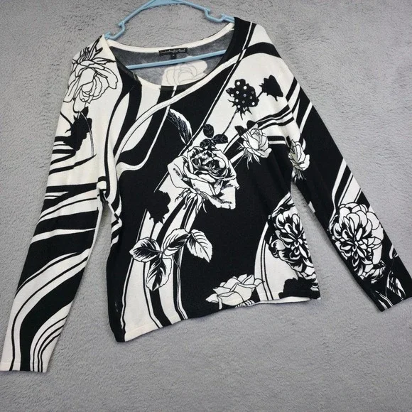 Pierri NY Sweater Womens M Black White‎ Floral Sequin Beaded Monochrome Elegant