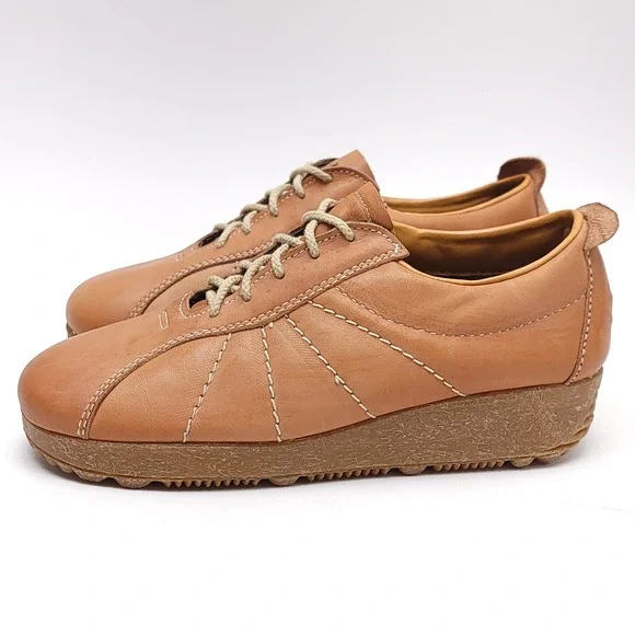 Armadillo Casual Tan Leather Platform Shoes Sunburst Stitch Wedge‎ Oxford 7.5