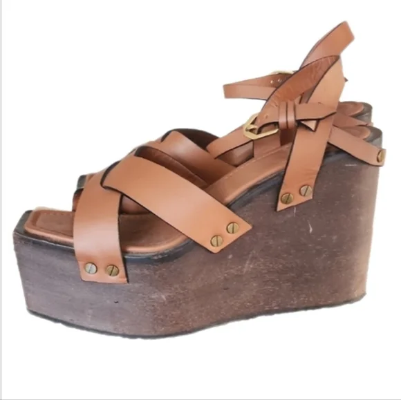 FRAME Denim Brown Leather Platform Sandals | 70s Boho Wedge | Size 40.5