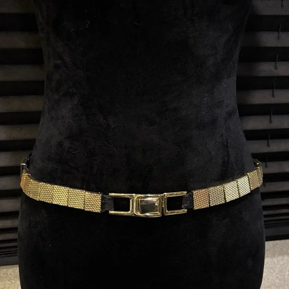 Black Elastic & Gold Square Metal Bead Front Closure Fashion Dance Club Belt 32”
