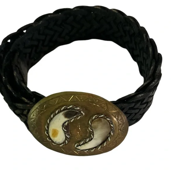 Trendy Black Woven Leather Belt with brass buckle . 40” length