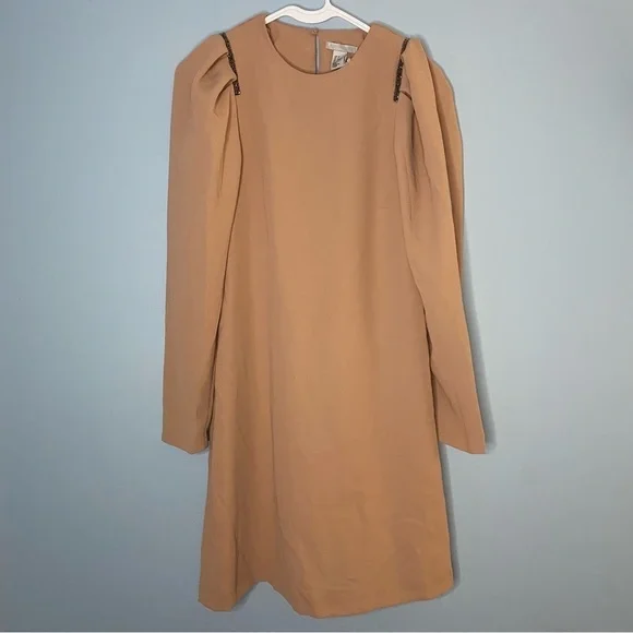 NEW H&M  MIDI Shift Dress Powder Pink Beading Detail Long Sleeve Size 4