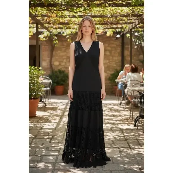 VTG Y2K Black Cotton Boho Maxi Dress Medium Smocked Crochet Knit‎ Slip Casual