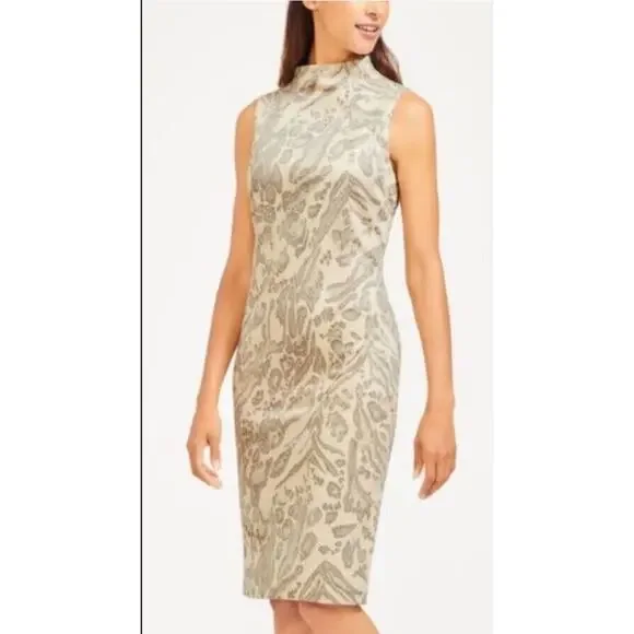 J McLaughlin Liz FauxSuede Jaguar Print Sheath Dress Women XS Cream Funnel Neck