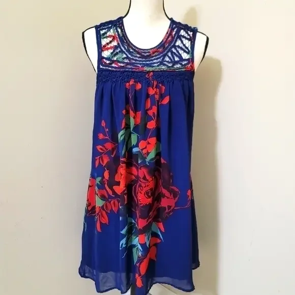 Patterson J Kincaid Sleeveless Floral Lined Swing‎ Dress size XS Blue Red