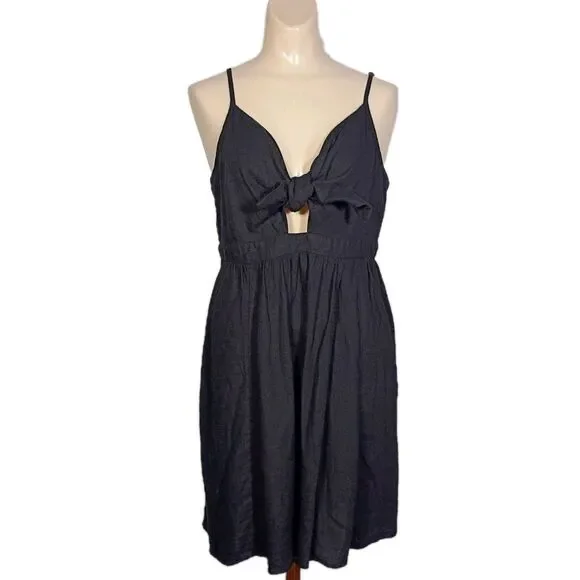 Old Navy Linen Blend Tie Front Babydoll Dress L Keyhole V Neck Mini Dress Black