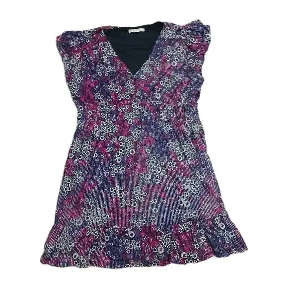 Michael Michael Kors Womens Dress XXL Purple Floral Pleated Ruffle Hem‎ V-Neck