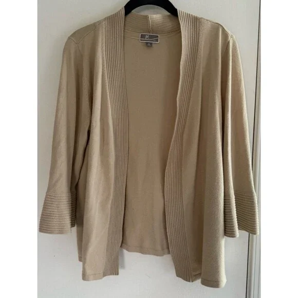 JM Collection Beige Open-Front Ribbed Trim Cardigan Size M