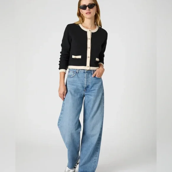 French Connection Vhari Contrast Trim Black Cardigan XS