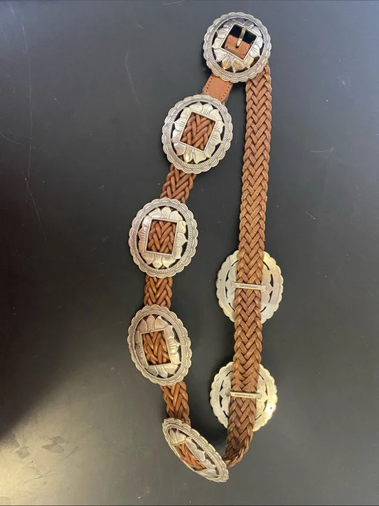 1990s vintage Braided Brown Leather Concho Belt with Silver-Tone Medallions