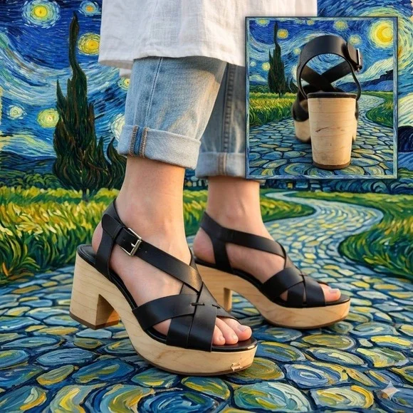 Rebecca Minkoff Black Leather Wood Platform‎ Block Heel Sandals Womens 9M