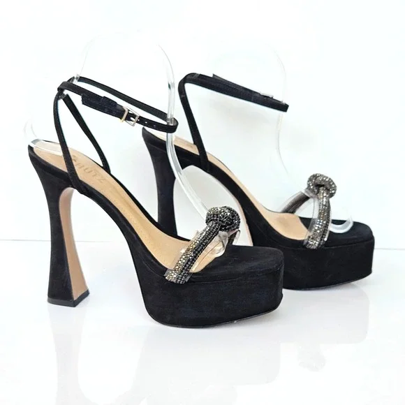 Schutz Peaky Black Suede Rhinestone Transparent Platform Sandal Heels Womens 7.5
