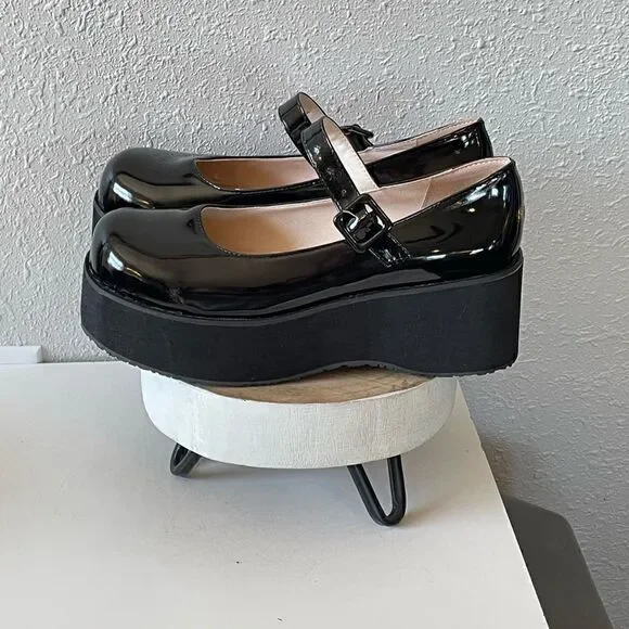 NWOT Unbranded Womens Shinny Black College Wedge Platform Mary Jane Shoe Size 46