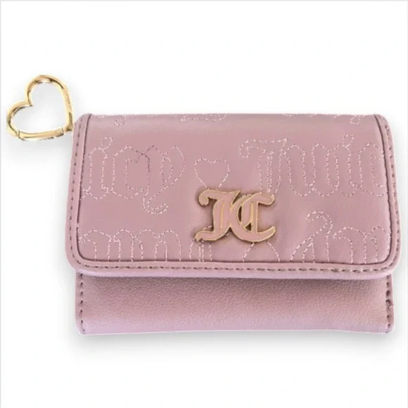 Juicy‎ Couture Pink Embossed Logo Tri Fold Card Case With Heart Keychain