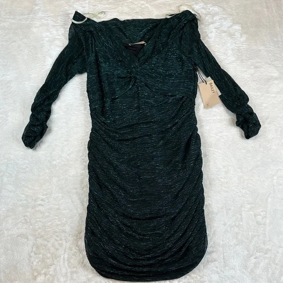 NWT Bailey 44 Kha Emerald Metallic Shimmer Ruched Long Sleeve Dress XL MSRP $228
