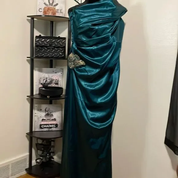 Eliza J One-Shoulder Teal Gown with Embellishment