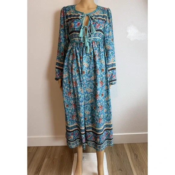 Y2K Blue Floral Tassel Tie Long Sleeve Cottage Bohemian Womens Midi Dress Sz M