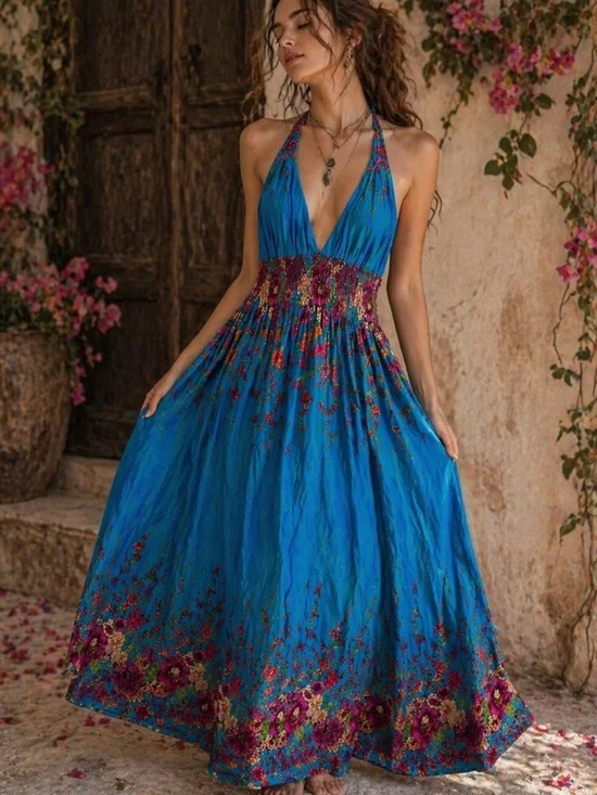 Bohemian Deep V Halter Maxi Dress, Royal Blue with VIBRANT Floral Design,