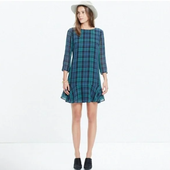 Madewell 100% Silk Plaid Dress - Blue and Green, Ruffle Hem, Size 2