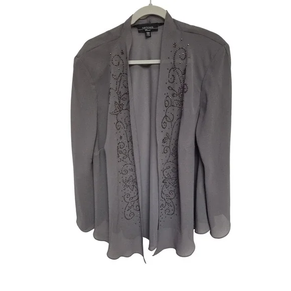 R&M Richards Woman Beaded‎ Sheer Open Front Gray Cardigan Jacket 18W