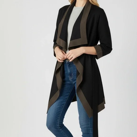 St. John Collection Wool black and taupe color-block Santana knit cardigan L