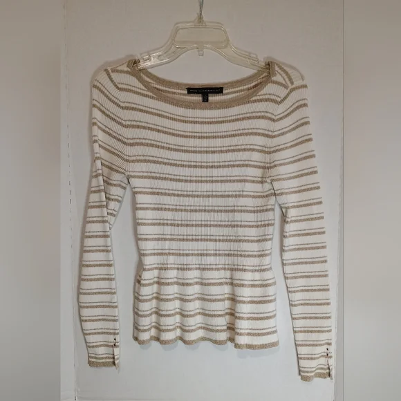 White House Black Market Striped Cream and Tan Sweater Small