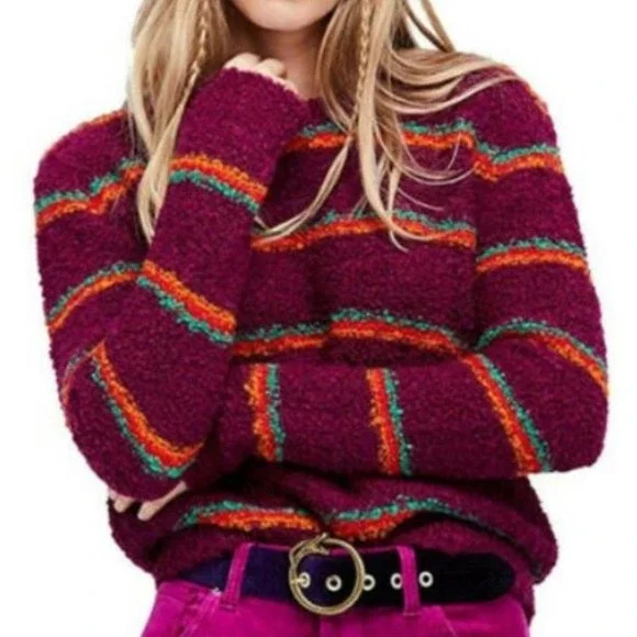 Free People Best Day Ever Sweater In Berry Striped Medium NWT