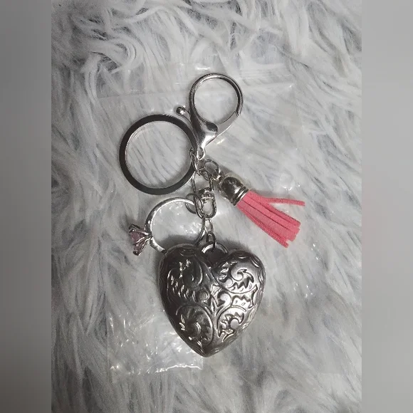 Silver Heart Keychain bag charm with Pink Tassel