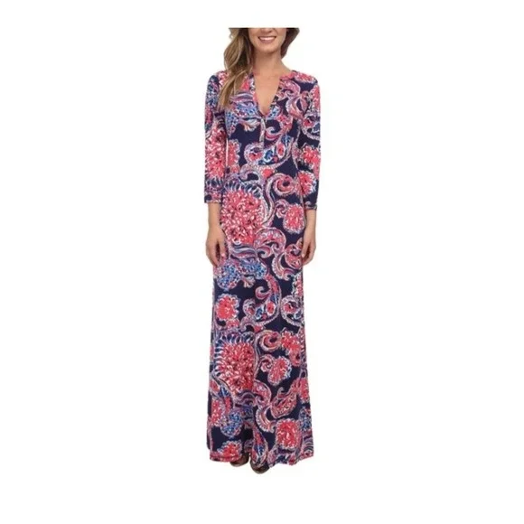 Lilly Pulitzer Pima Cotton Maxi Dress Pink Navy Paisley V-Neck XS 3/4 Sleeve