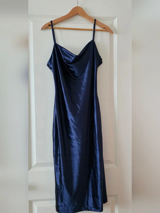 Satin Cowl Neck Slip Midi Dress Modnight Blue Womens M Gothic Chic Night Out