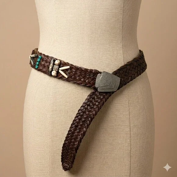 Boho Braided Brown Leather Belt Tribal Beaded Bone Accents One size adjustable