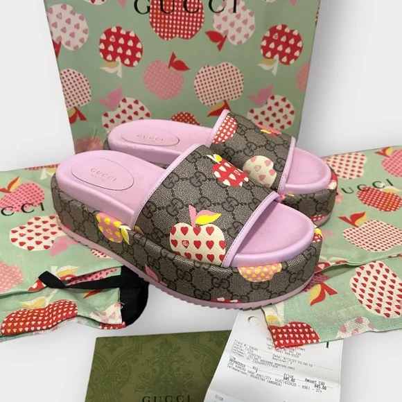 Gucci Les Pommes, designer, platform, novelty print limited edition slides
