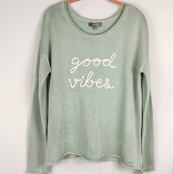 Marled Reunited Clothing Medium Good Vibes Dusty Green Scoop Neck Sweater Size L