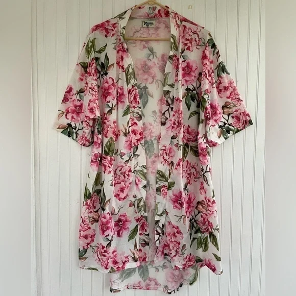 Show Me Your Mumu White Pink Rose Garden of Blooms Open Front Kimono ONE SIZE