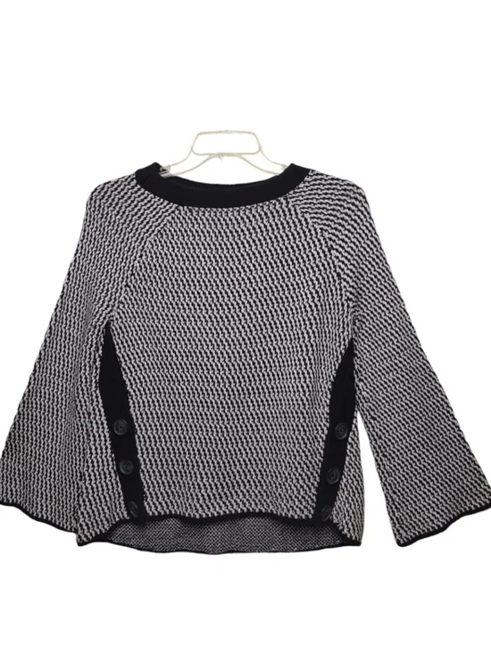 LOFT Black & White Textured Flare Sleeve Sweater with Side Button Panels